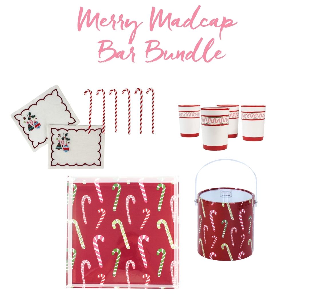 Merry Madcap Bar Bundle featuring embroidered cocktail napkins, red and white candy cane stirrers, festive disposable cups, a candy-cane patterned acrylic tray, and a matching holiday ice bucket.