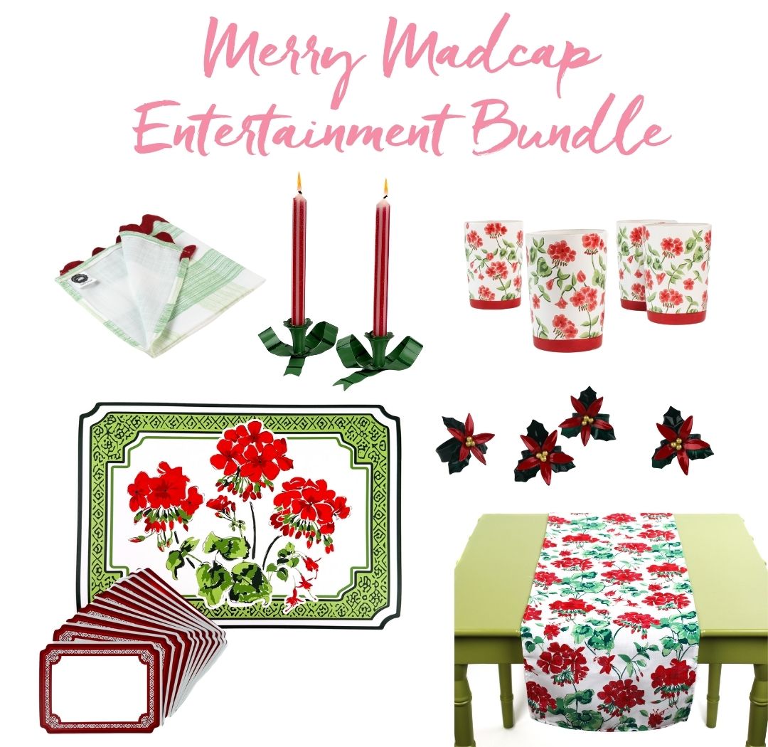A curated holiday entertaining bundle featuring geranium-print cups, floral placemats, striped napkins, taper candles with green bow holders, mini poinsettia clip ornaments, and a floral table runner displayed together.