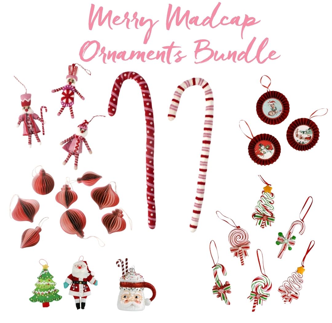 Assorted Christmas ornaments from the Merry Madcap Ornaments Bundle, including red and white candy canes, nutcracker figurine ornaments, red paper honeycomb ornaments, Santa and Christmas tree ornaments, spiral lollipop ornaments, and holiday scene ornaments.