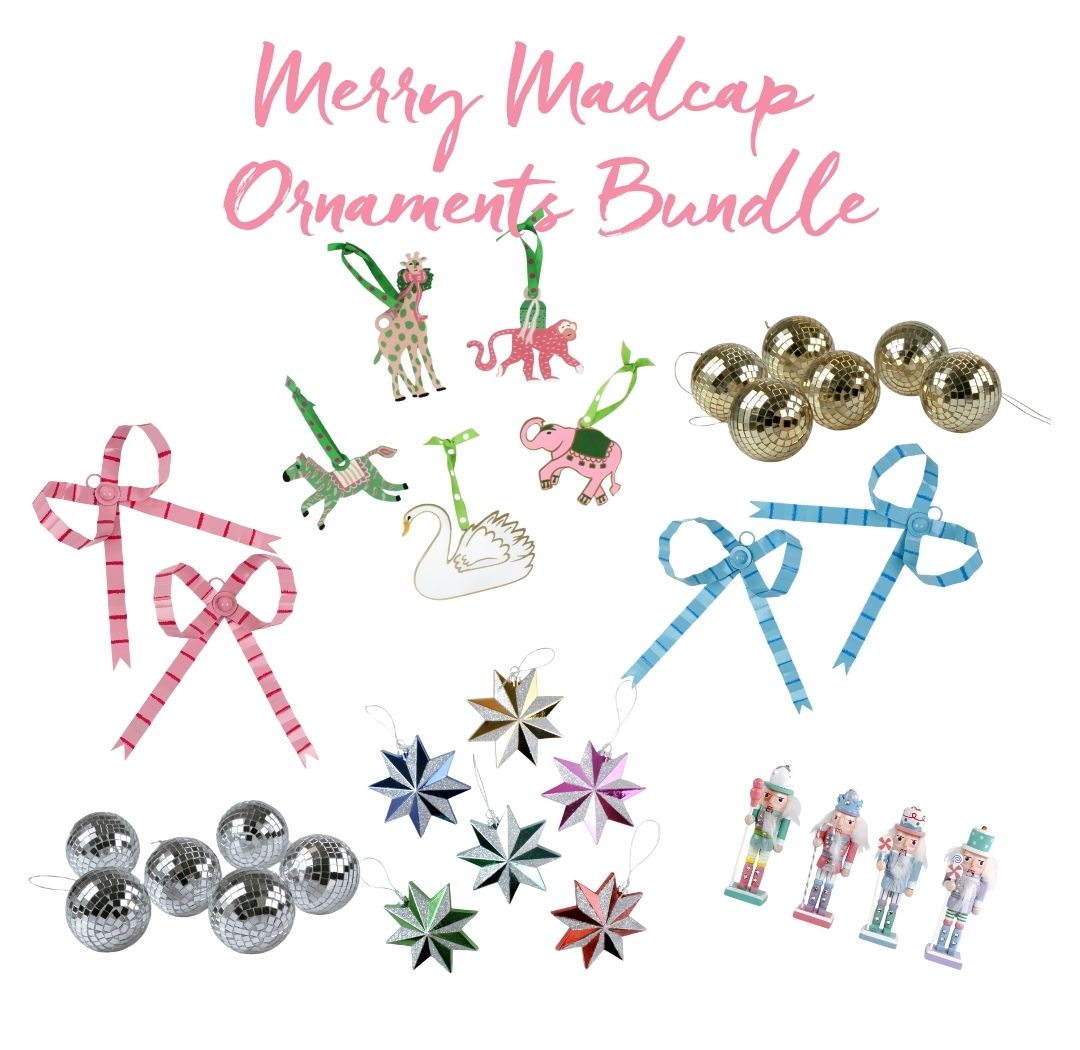 Assorted Christmas ornament bundle featuring bows, disco balls, nutcrackers, metallic stars, safari animals, and swan ornaments in colorful designs.