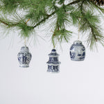 three miniature blue and white Chinoiserie Christmas ornaments 