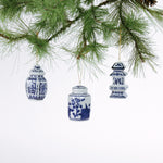 three miniature blue and white Chinoiserie ginger jar Christmas ornaments 