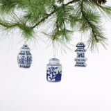 three miniature blue and white Chinoiserie ginger jar Christmas ornaments 