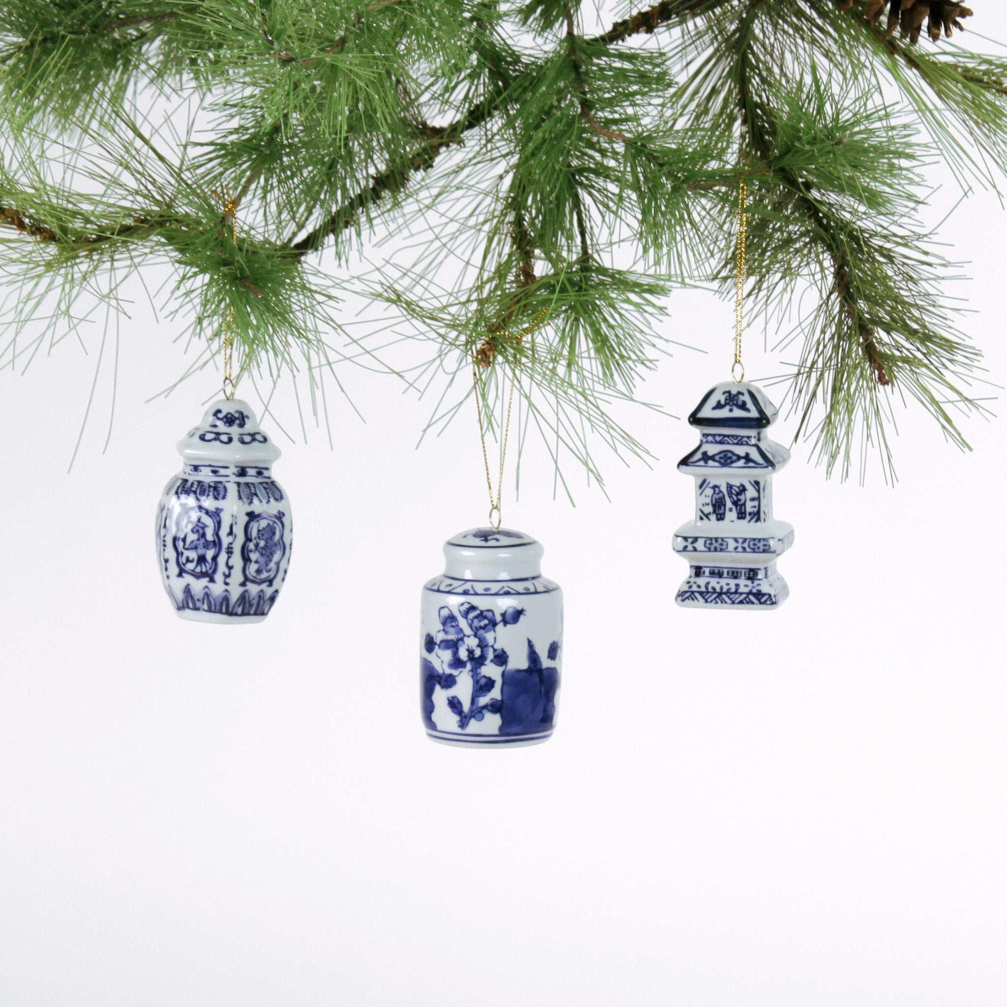 three miniature blue and white Chinoiserie ginger jar Christmas ornaments 
