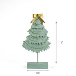 Mint green tabletop Christmas tree with gold bow and ruffled layers, about 13.5 inches wide and 3 inches tall.