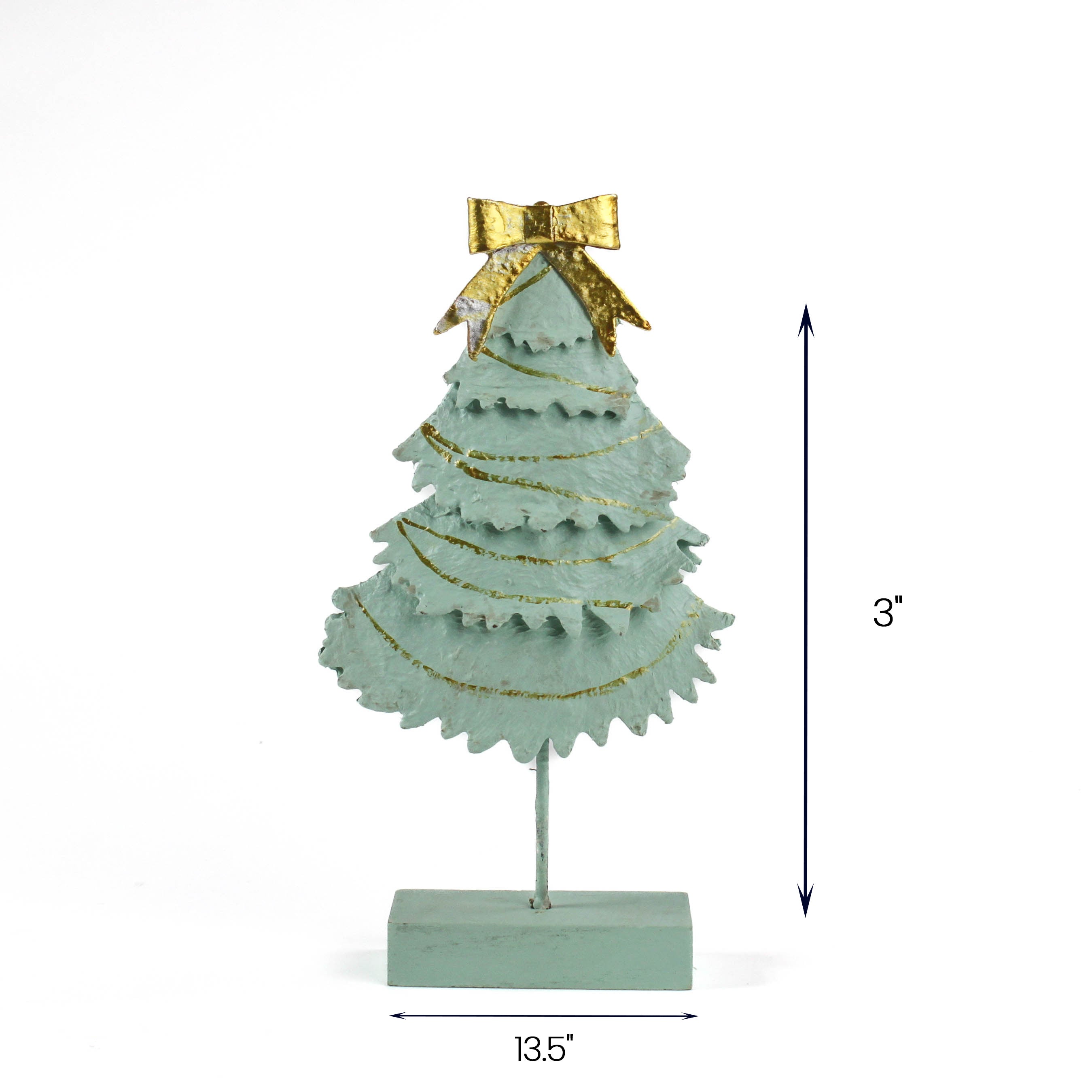 Mint green tabletop Christmas tree with gold bow and ruffled layers, about 13.5 inches wide and 3 inches tall.