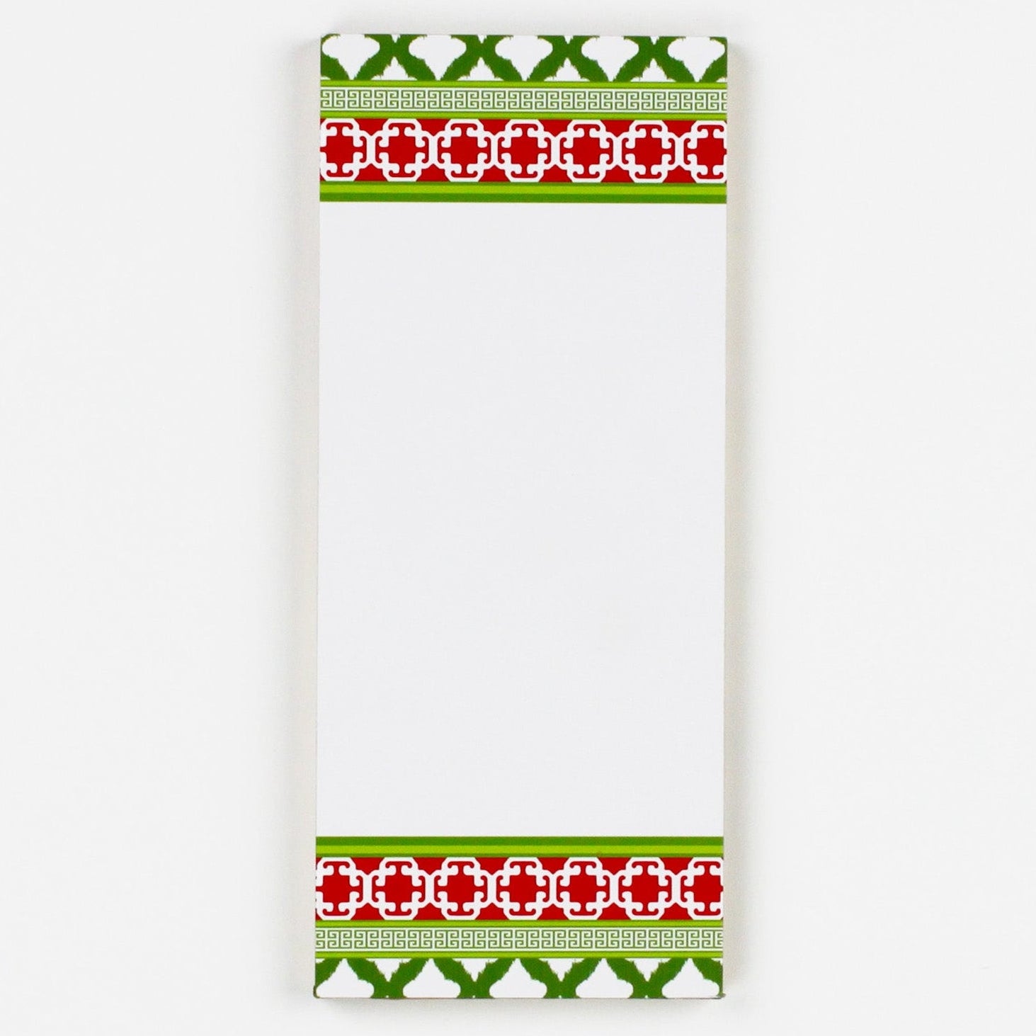 Notepad with decorative green and red border on a white background