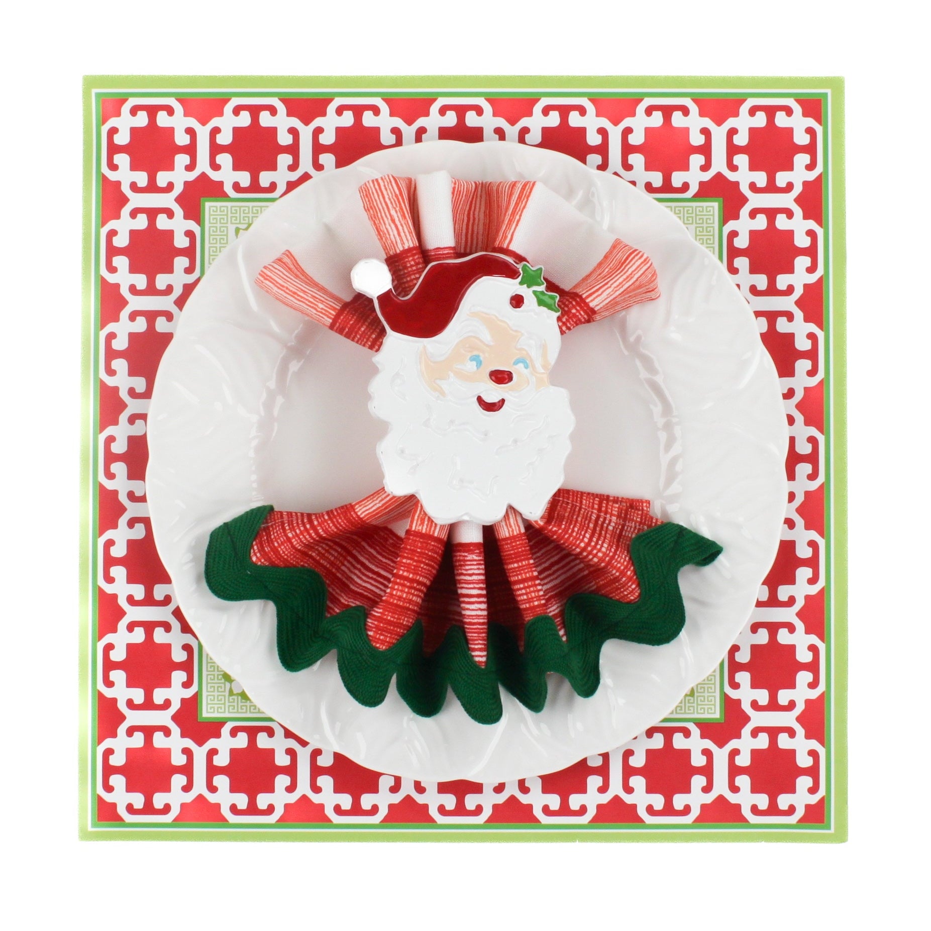 Christmas Pugs Square Paper Placemats in a white surface with a white plate is placed on top of it with a cloth and a santa napkin ring