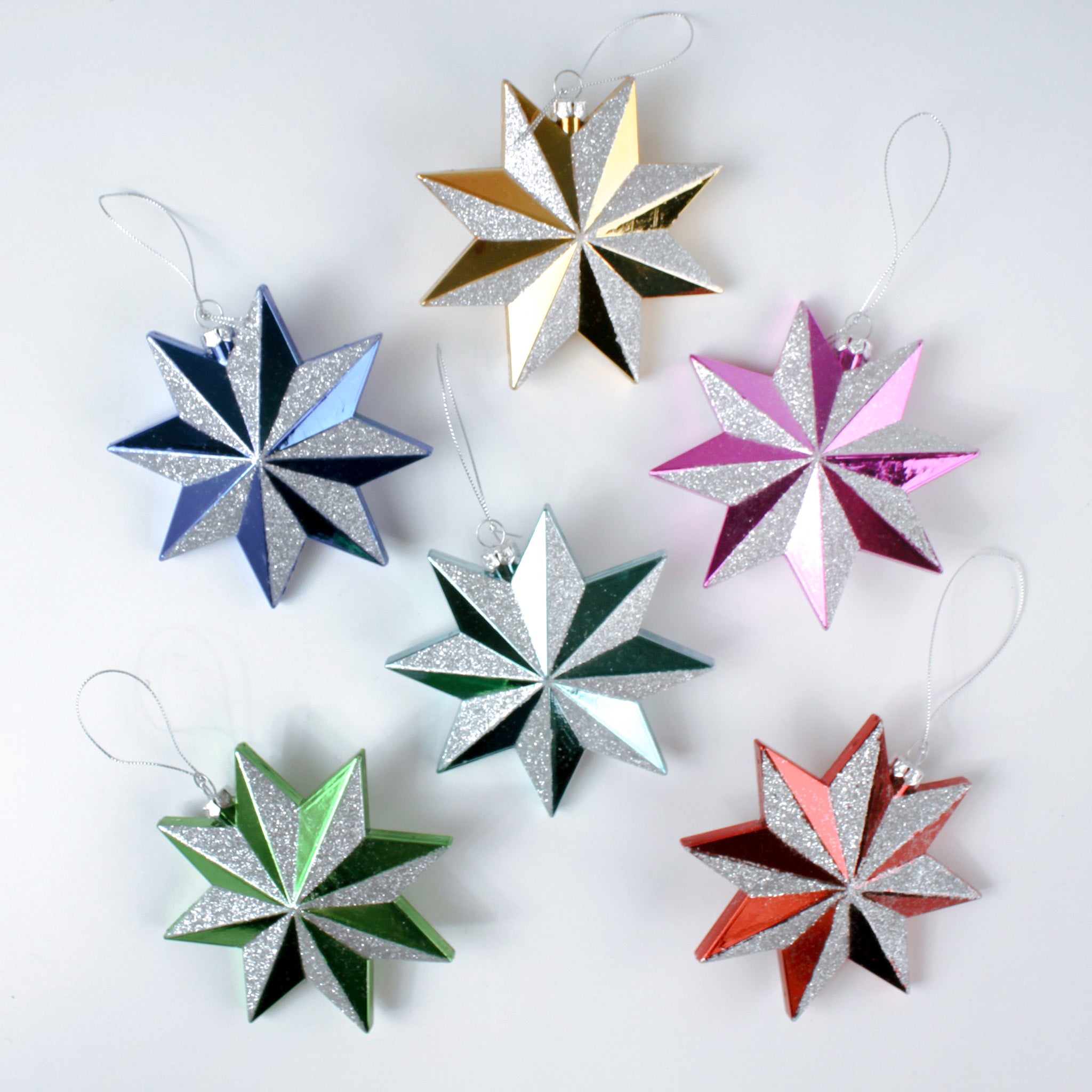 Set of six glittered star Christmas ornaments in assorted metallic colors