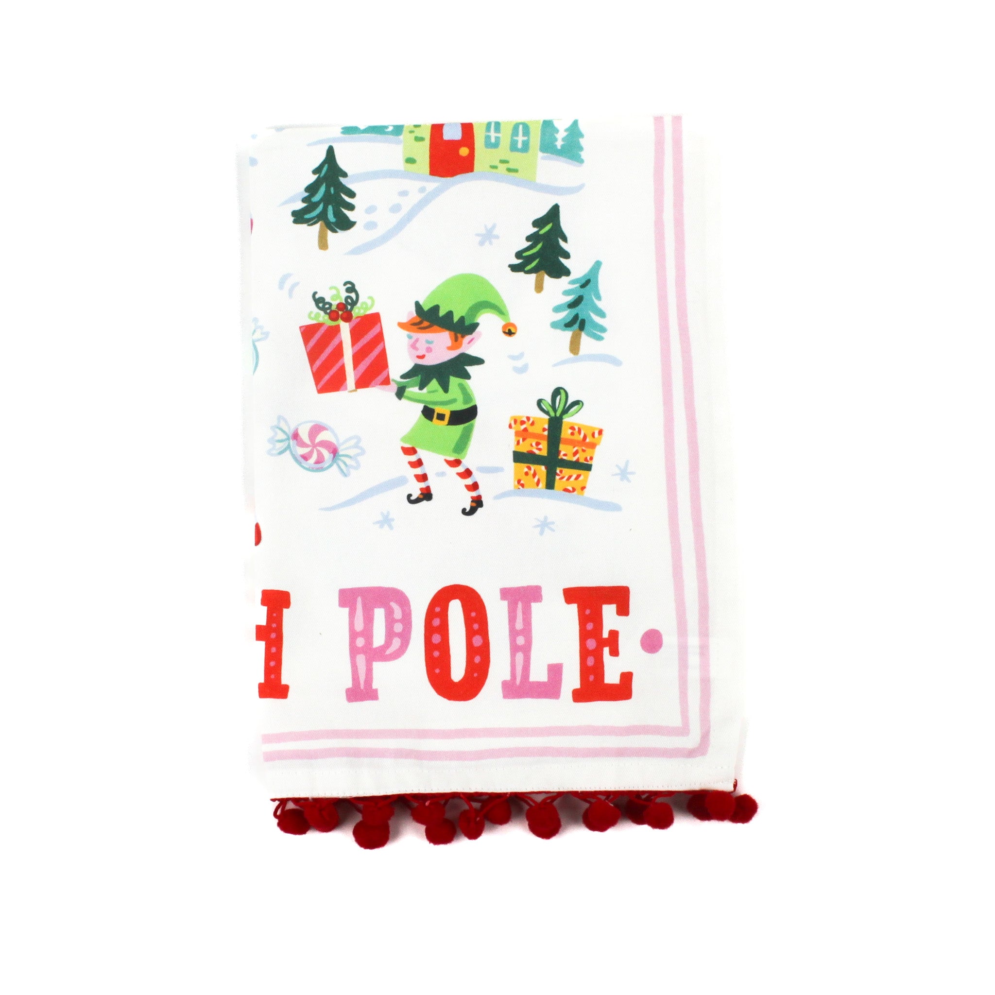 a christmas tea towel with festive motifs and text that reads North Pole in a white background