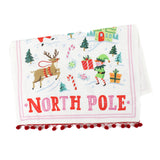 a christmas tea towel with festive motifs and text that reads North Pole in a white background