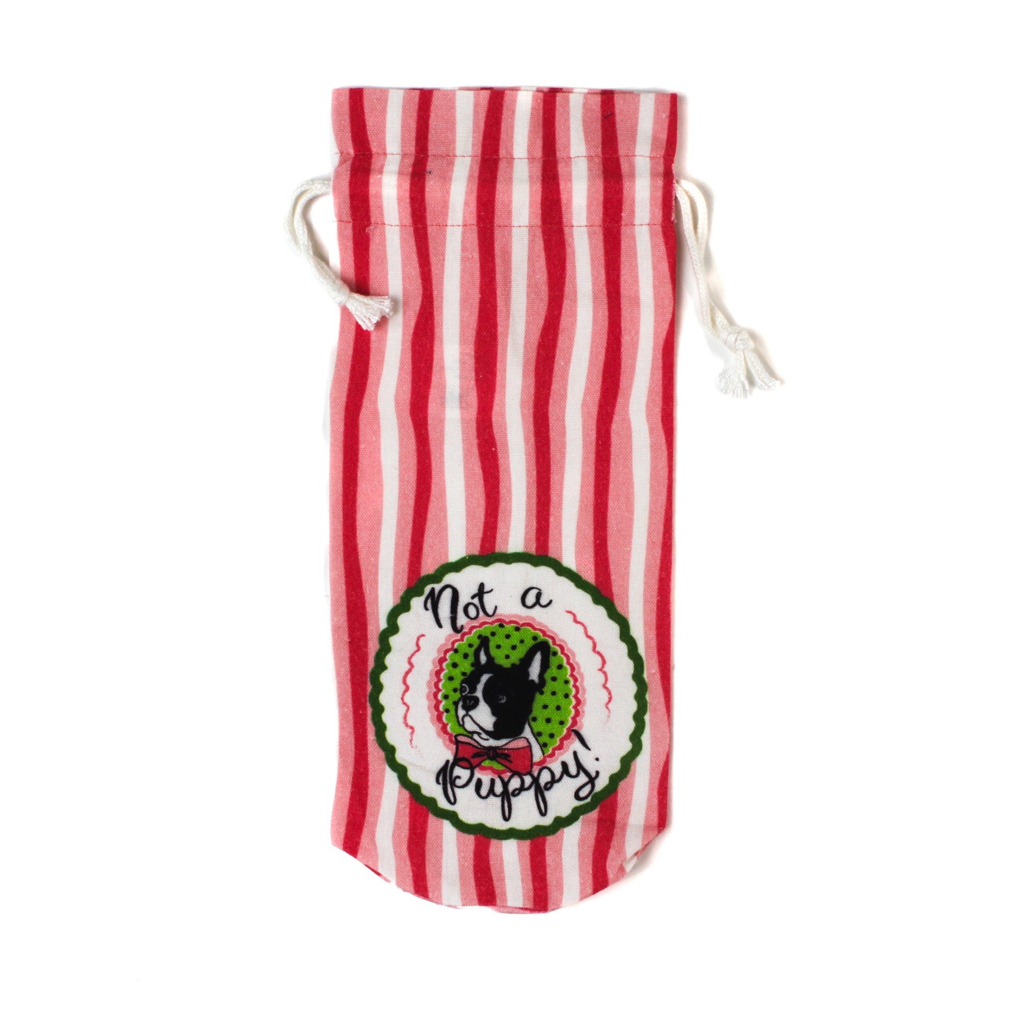 red and white striped drawstring bag with a dog illustration and “Not a puppy!” on the front