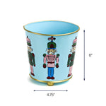 Nutcracker tole planter cachepot in light blue with hand-painted nutcracker figures, 6 by 4.75 inch decorative metal planter
