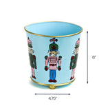 Nutcracker tole planter cachepot in light blue with hand-painted nutcracker figures, 6 by 4.75 inch decorative metal planter