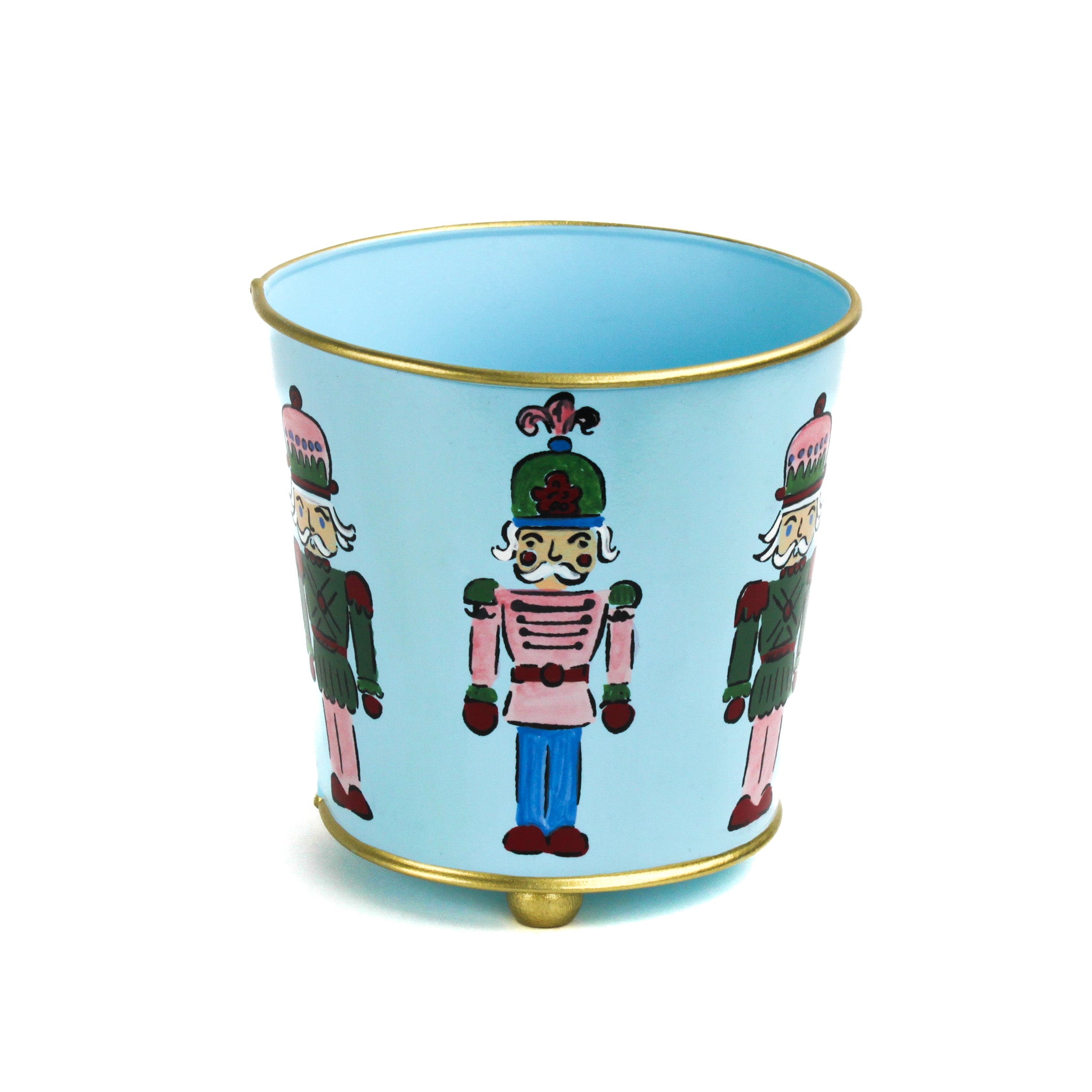 Light blue tole cachepot with hand-painted nutcracker design and gold trim, standing upright.
