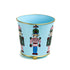 Light blue tole cachepot with hand-painted nutcracker design and gold trim, standing upright.