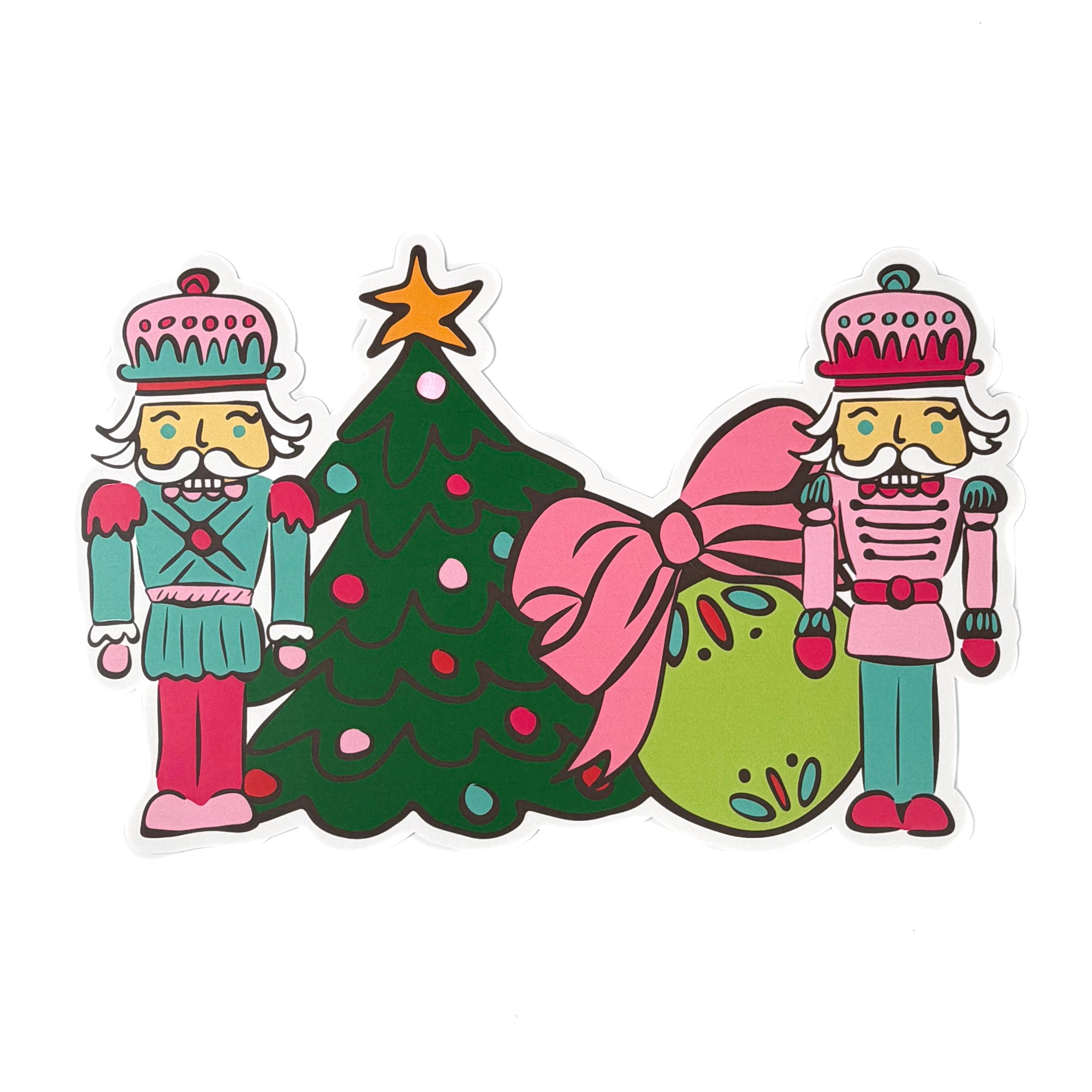 Festive Christmas placemat featuring two colorful nutcracker figures standing beside a decorated Christmas tree and a green ornament with a pink bow, illustrated holiday design on a white background.