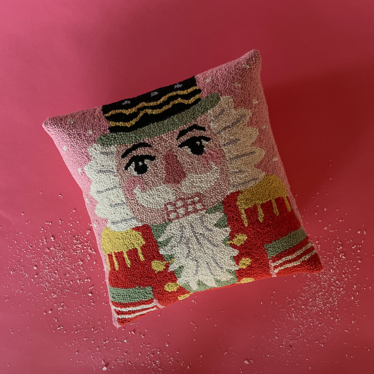 Pink Nutcracker Hooked-Wool Christmas Throw Pillow