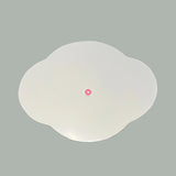 Reverse side of the Oh, Pagoda metal tole tray in a scalloped shape painted white.