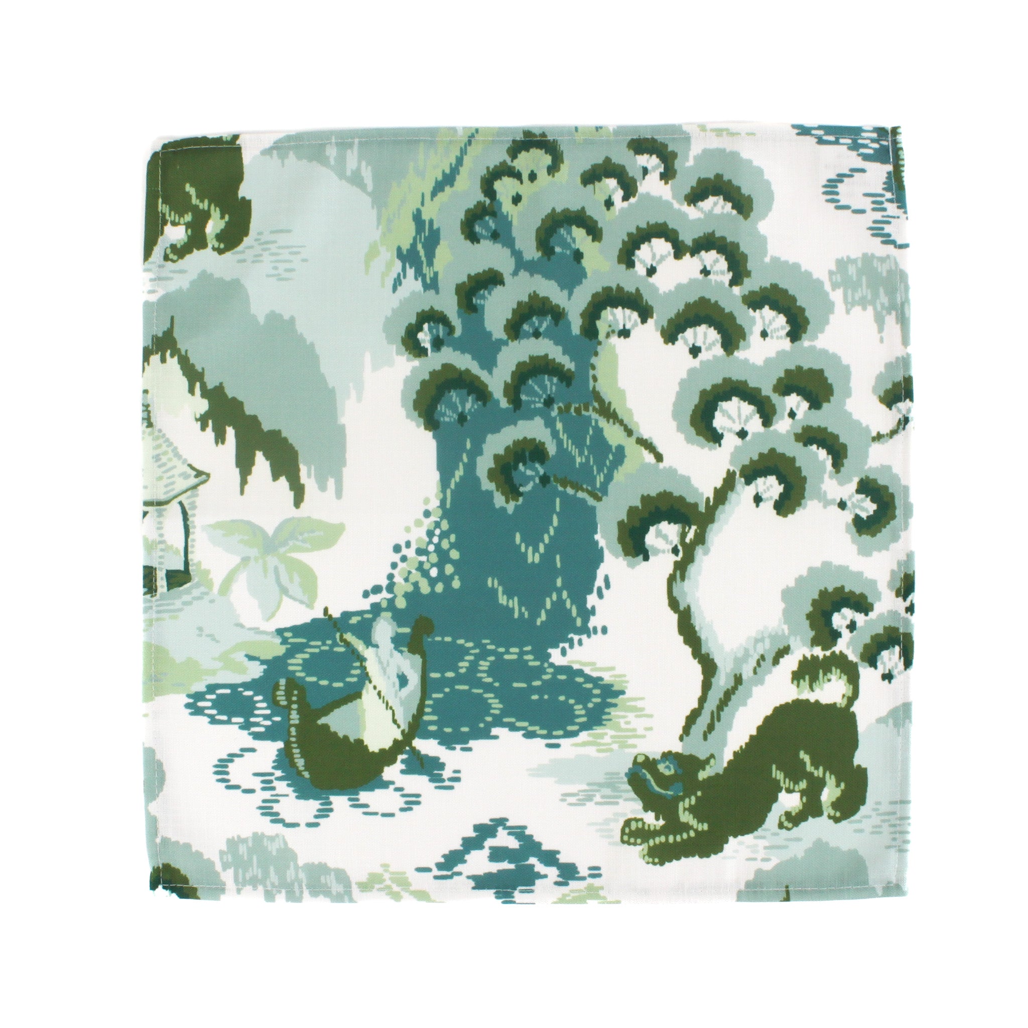 Old Peking style dinner napkin in green and blue tones featuring a scenic landscape pattern with trees and nature details, neatly finished fabric designed for elegant table settings