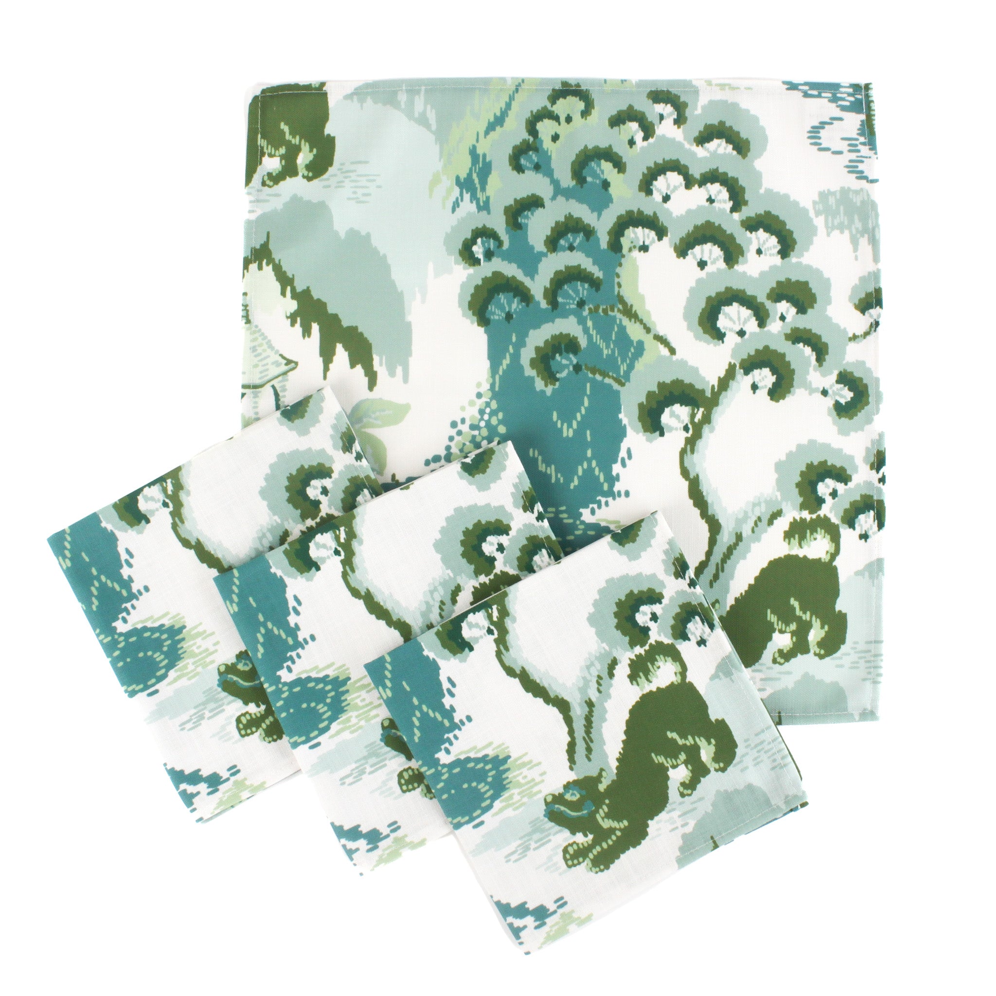 Old Peking style dinner napkin in green and blue tones featuring a scenic landscape pattern with trees and nature details, neatly finished fabric designed for elegant table settings and paired with a Christmas tea towel set of 4