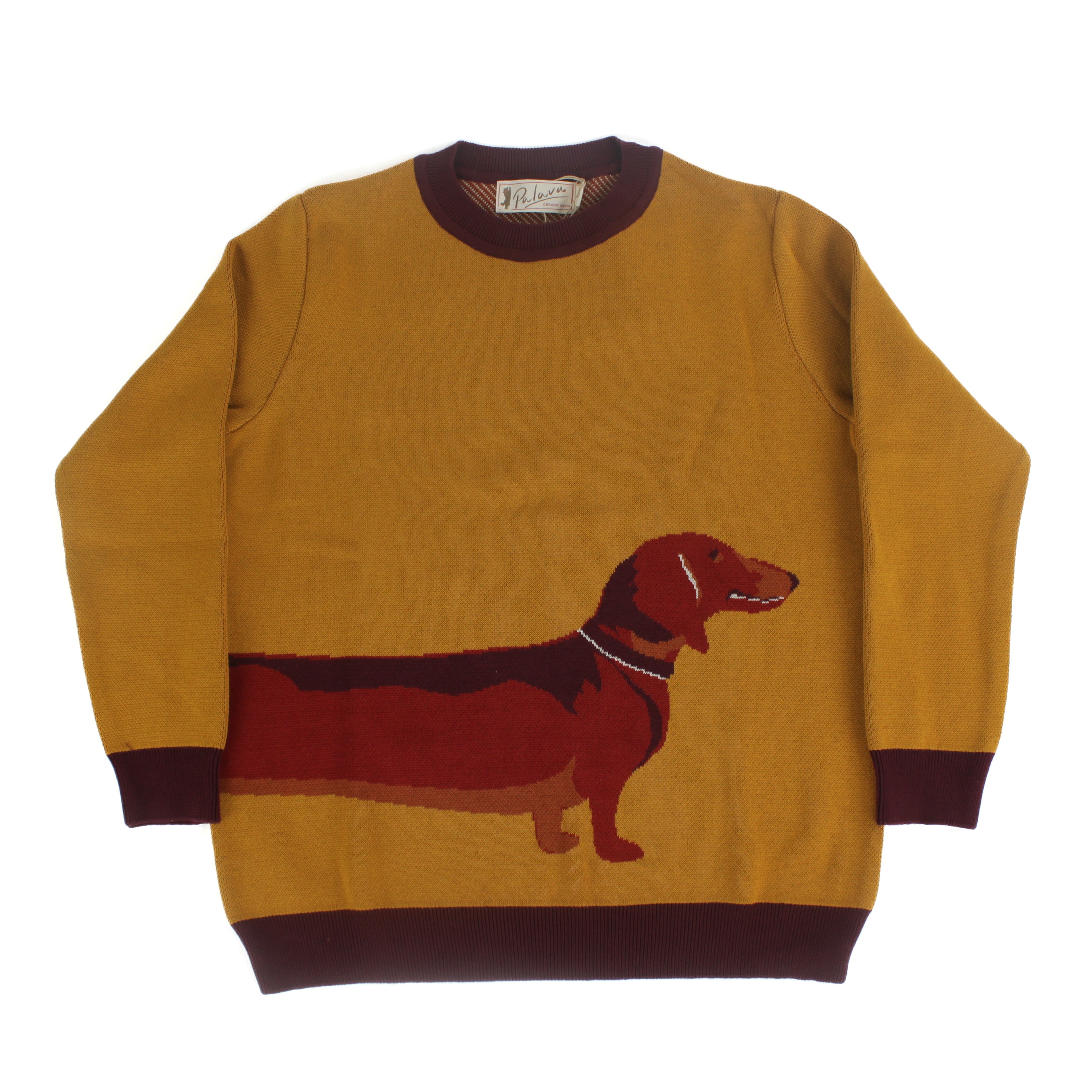 Mustard yellow knit sweater featuring a dachshund dog motif across the front