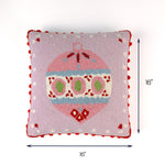 Pink Christmas ornament throw pillow with red pom-pom trim, 16" x 16"