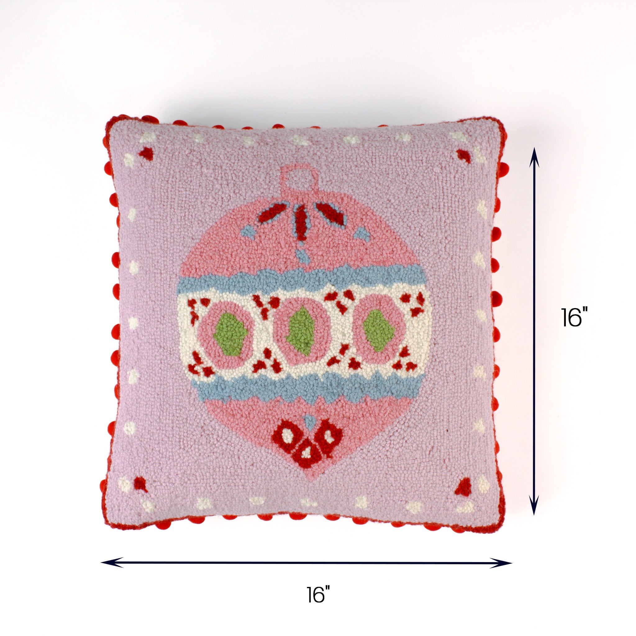 Pink Christmas ornament throw pillow with red pom-pom trim, 16" x 16"