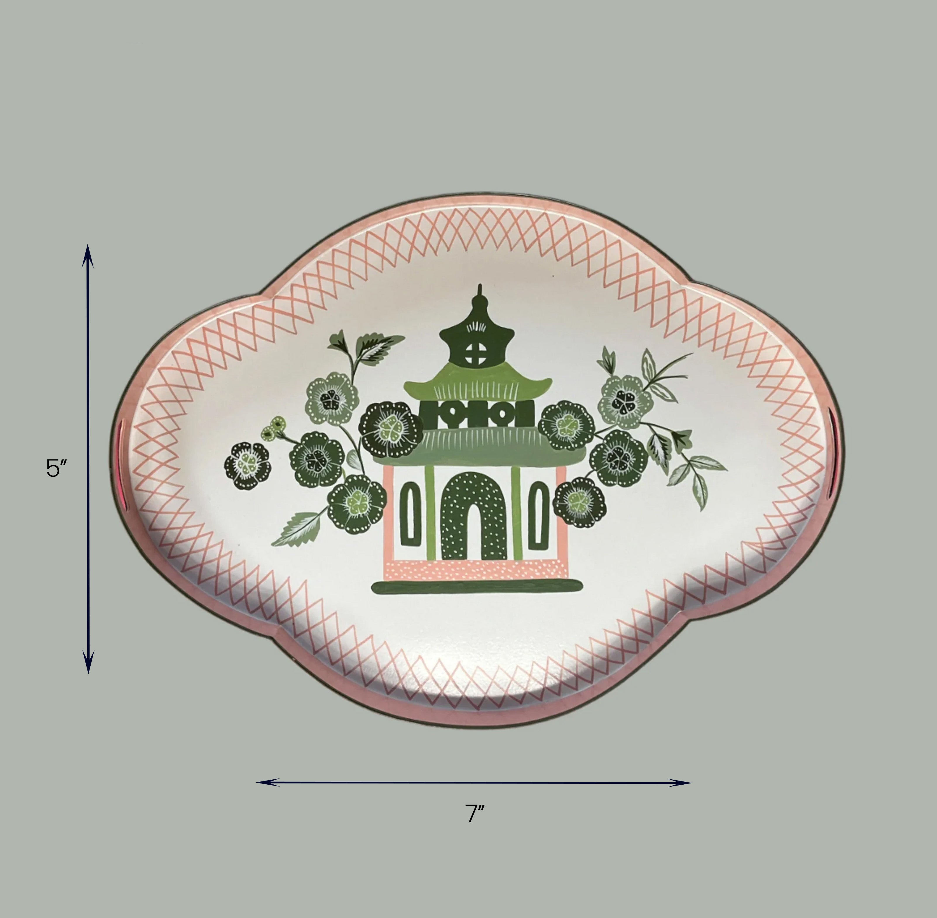 Pagoda green and pink tole metal tray, 7" x 5"