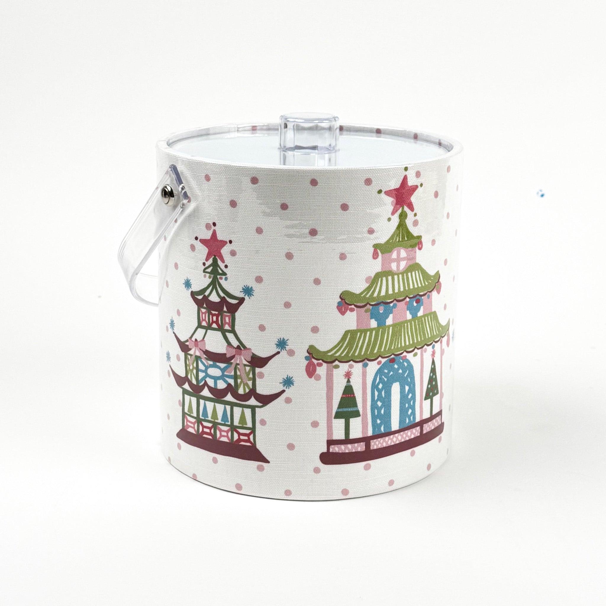 pagoda-pattern ice bucket with clear lid and handle on a dotted background