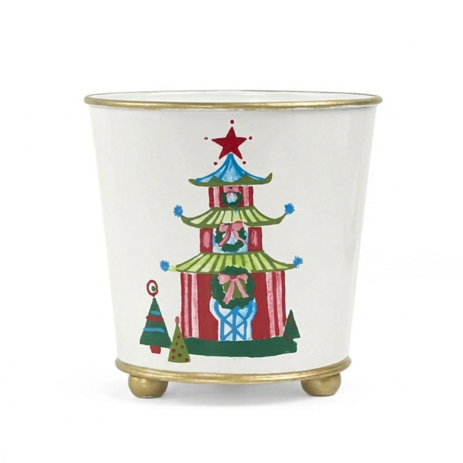 Pagoda Tole Planter cachepot featuring a colorful festive pagoda design with red, green, and blue accents, elegant gold trim, and rounded gold feet.