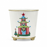 Pagoda Tole Planter cachepot featuring a colorful festive pagoda design with red, green, and blue accents, elegant gold trim, and rounded gold feet.