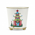 Pagoda Tole Planter cachepot featuring a colorful festive pagoda design with red, green, and blue accents, elegant gold trim, and rounded gold feet.
