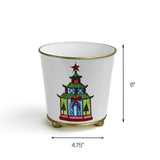 Pagoda tole planter cachepot with hand-painted pagoda design, 6 inch tall and 4.75 inch wide decorative metal planter