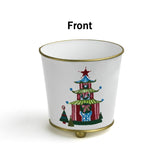 White tole cachepot with hand-painted festive pagoda design and gold trim, standing upright.