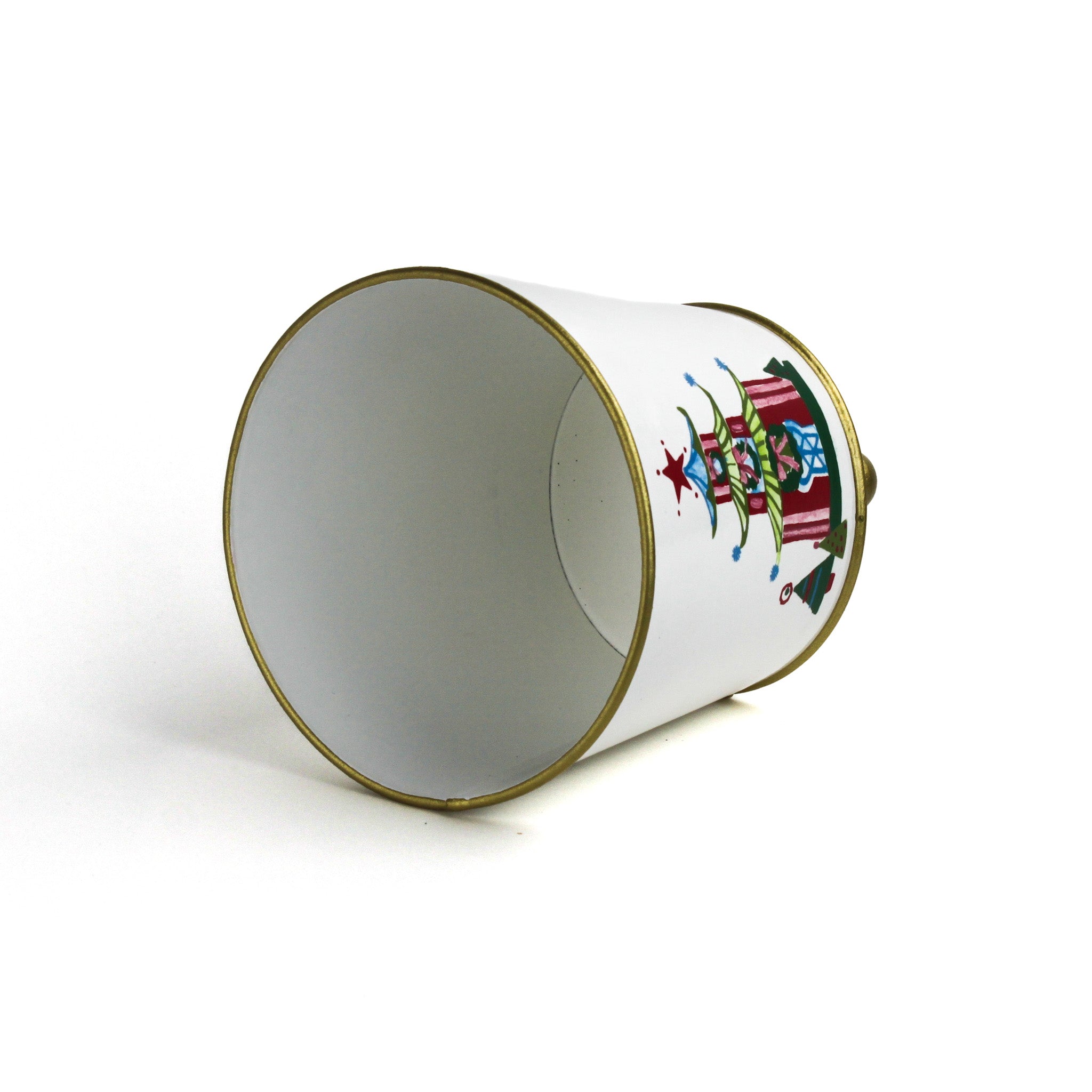 inside view of white tole cachepot with gold feet and gold-trimmed base.