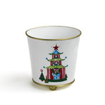 White tole cachepot with hand-painted festive pagoda design and gold trim, standing upright.