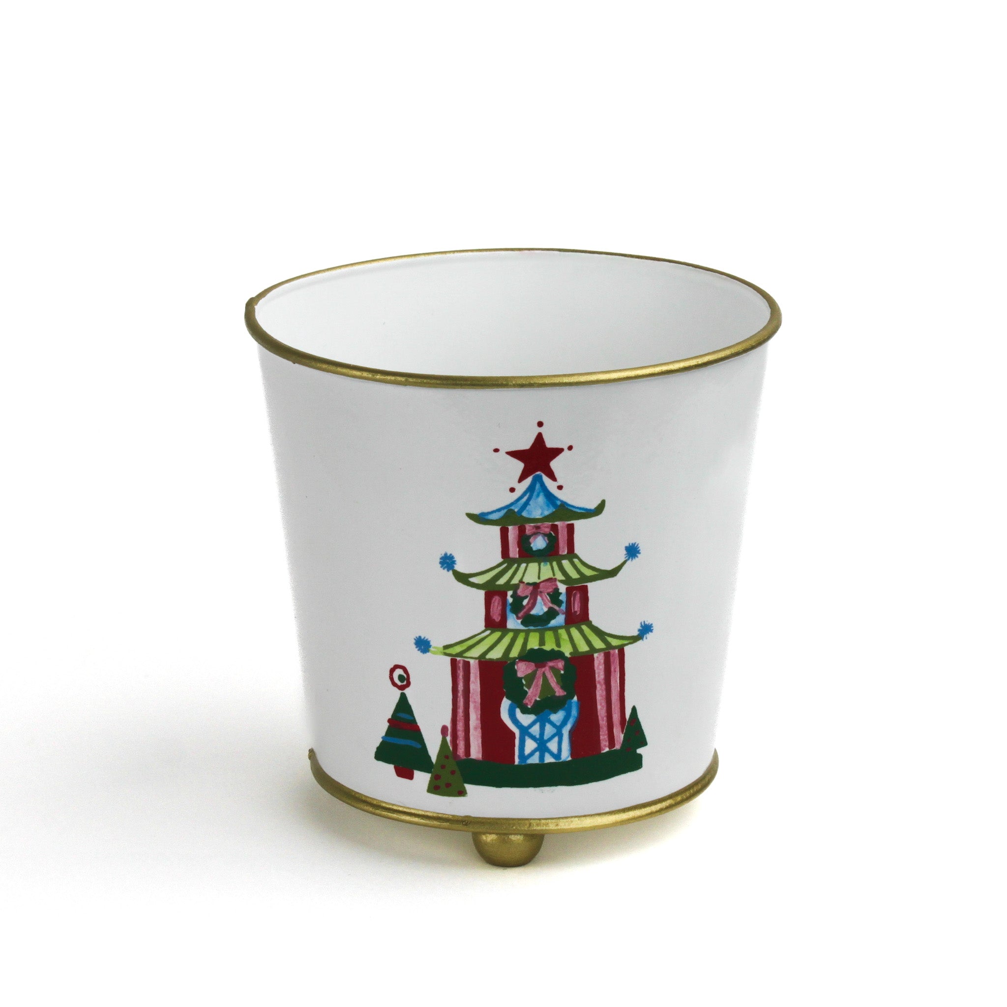 White tole cachepot with hand-painted festive pagoda design and gold trim, standing upright.