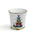 White tole cachepot with hand-painted festive pagoda design and gold trim, standing upright.