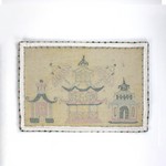 reverse of A rectangular pink and green rug with a trio of pagodas in the centre and a green striped border