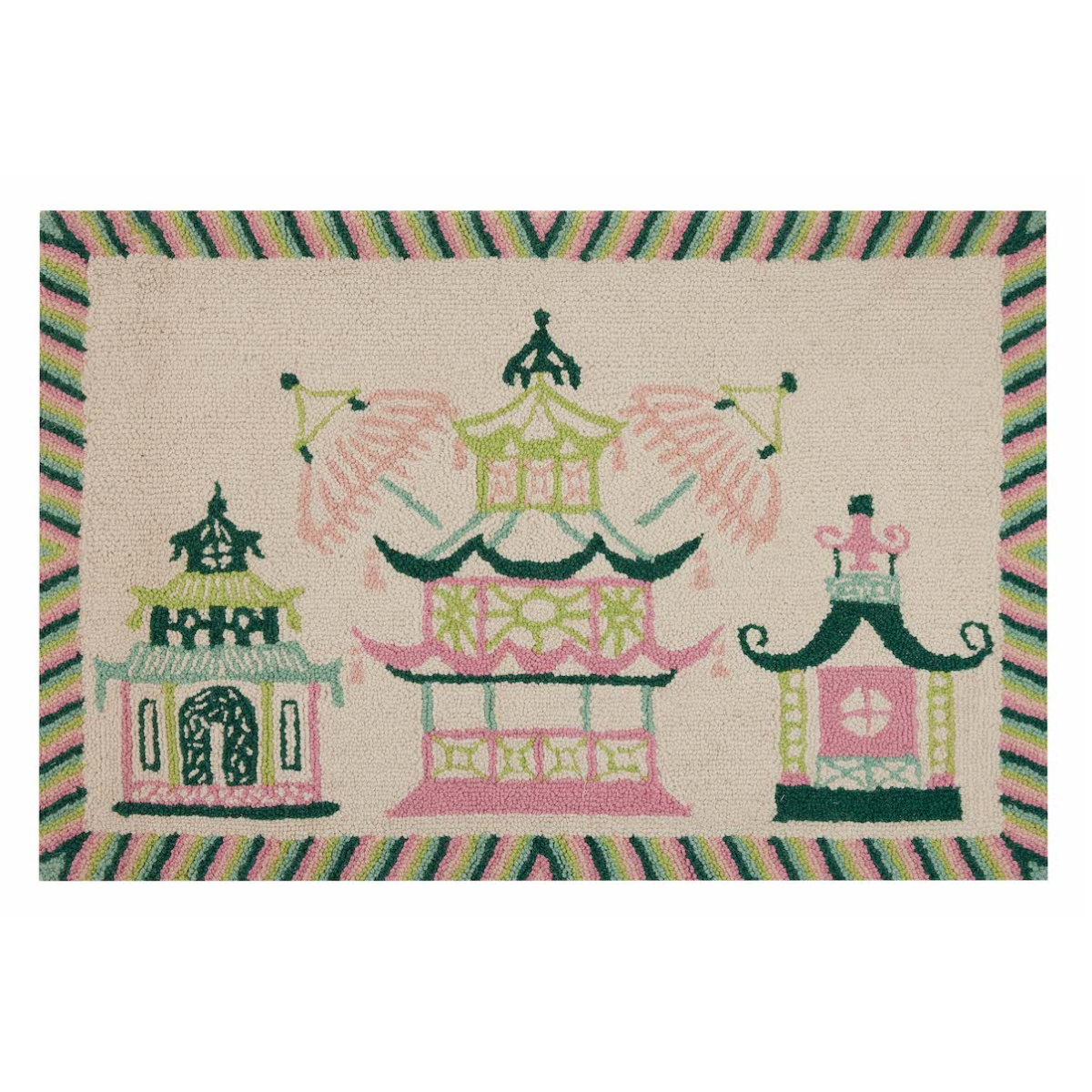 A rectangular pink and green rug with a trio of pagodas in the centre and a green striped border