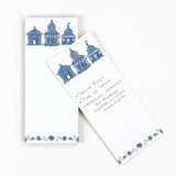 Pagodas Skinny Notepad in blue featuring illustrated pagoda designs and floral border in a white background