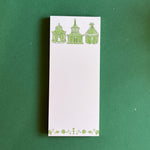 Pagodas Skinny Notepad in green featuring illustrated pagoda designs and floral border in a green background