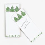 Pagodas Skinny Notepad in green featuring illustrated pagoda designs and floral border in a white background