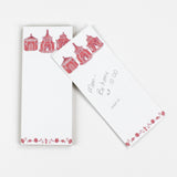 Pagodas Skinny Notepad in pink featuring illustrated pagoda designs and floral border in a white background