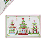 Festive Pagodas Rectangular Paper Christmas Placemats on a white surface.