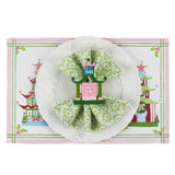 Festive Pagodas Rectangular Paper Christmas Placemats on a white surface. A white plate is placed on top of it with a cloth and a pagoda napkin ring