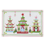 Festive Pagodas Rectangular Paper Christmas Placemats on a white surface.