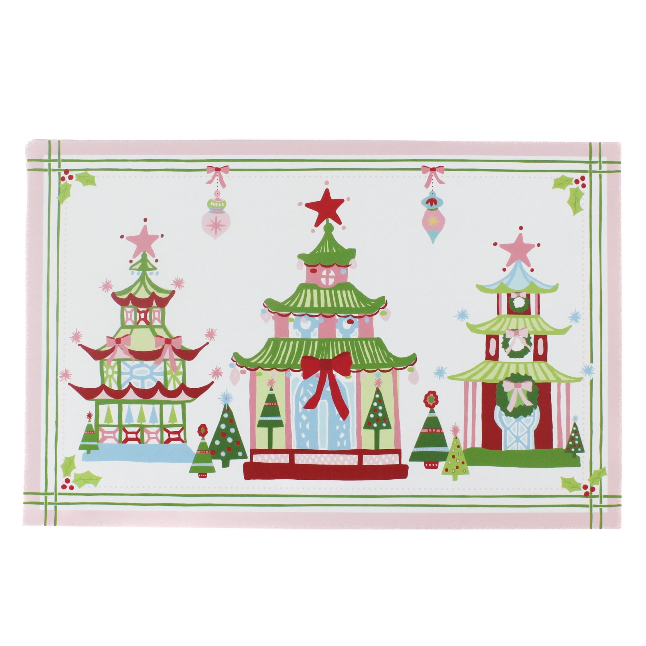 Festive Pagodas Rectangular Paper Christmas Placemats on a white surface.