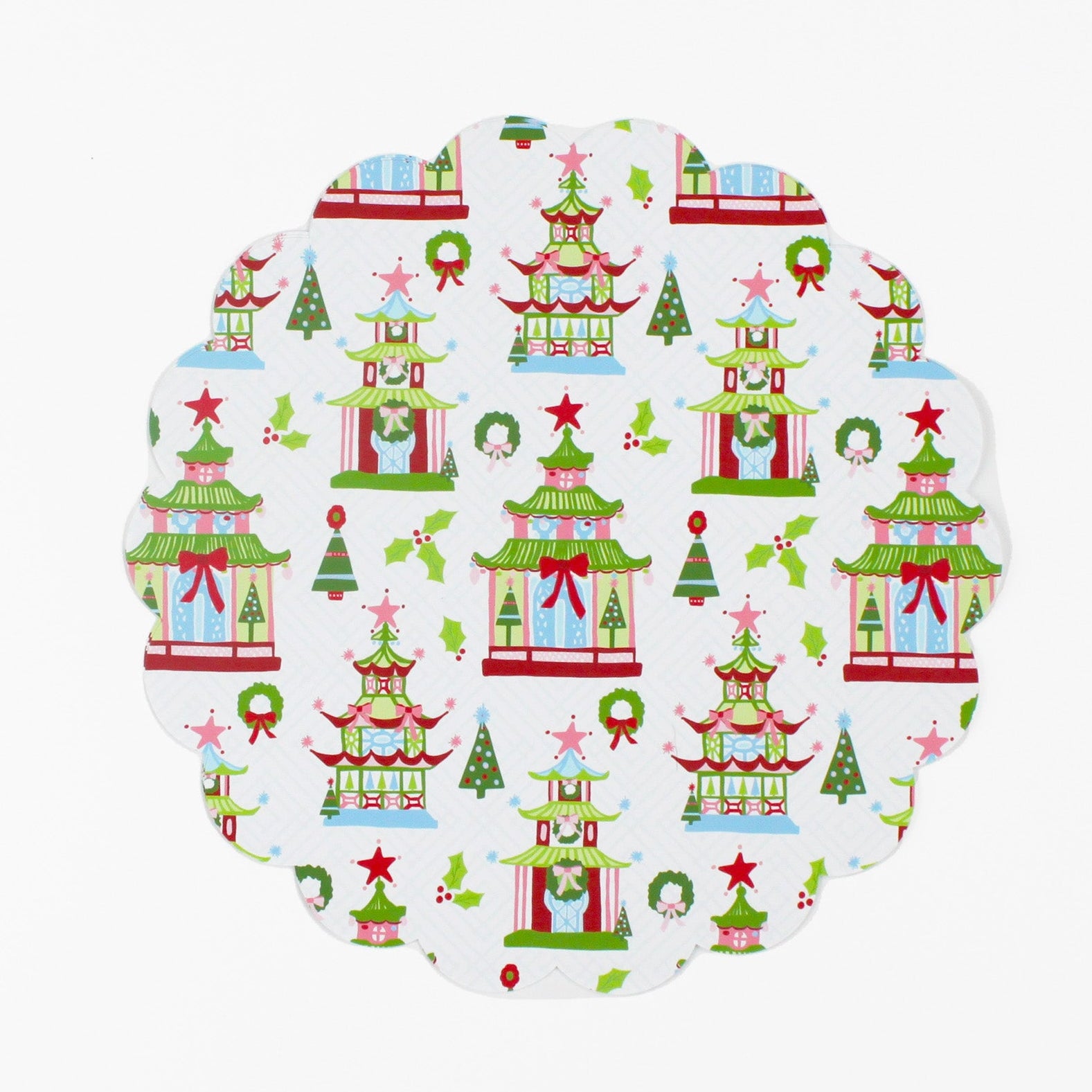 A  round Christmas doily with a chinoiserie pagoda pattern from Madcap Cottage
